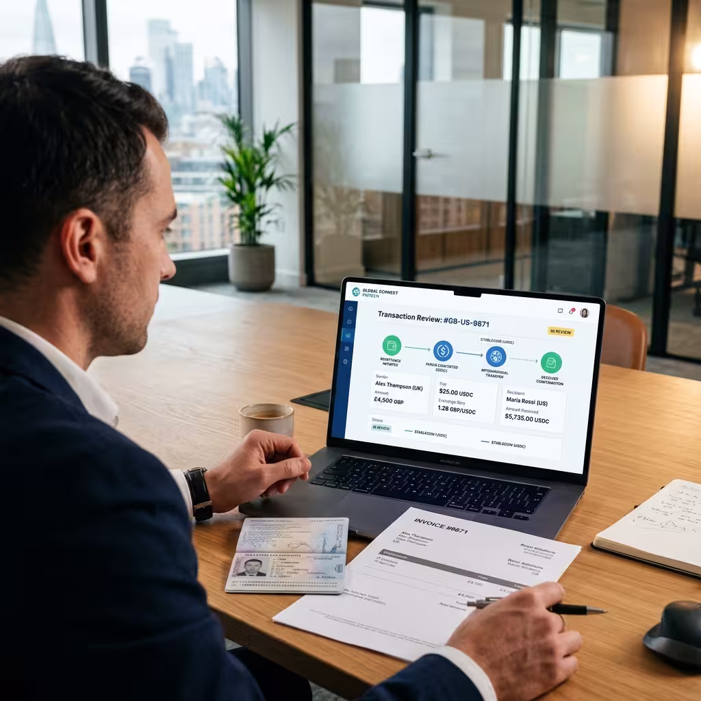 Business professional reviewing cross-border payment records and a digital transfer dashboard at a desk.