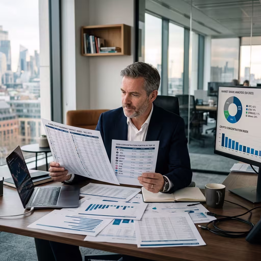 A market analyst compares a large printed list of cryptocurrencies with a smaller curated shortlist beside a screen showing concentration data.