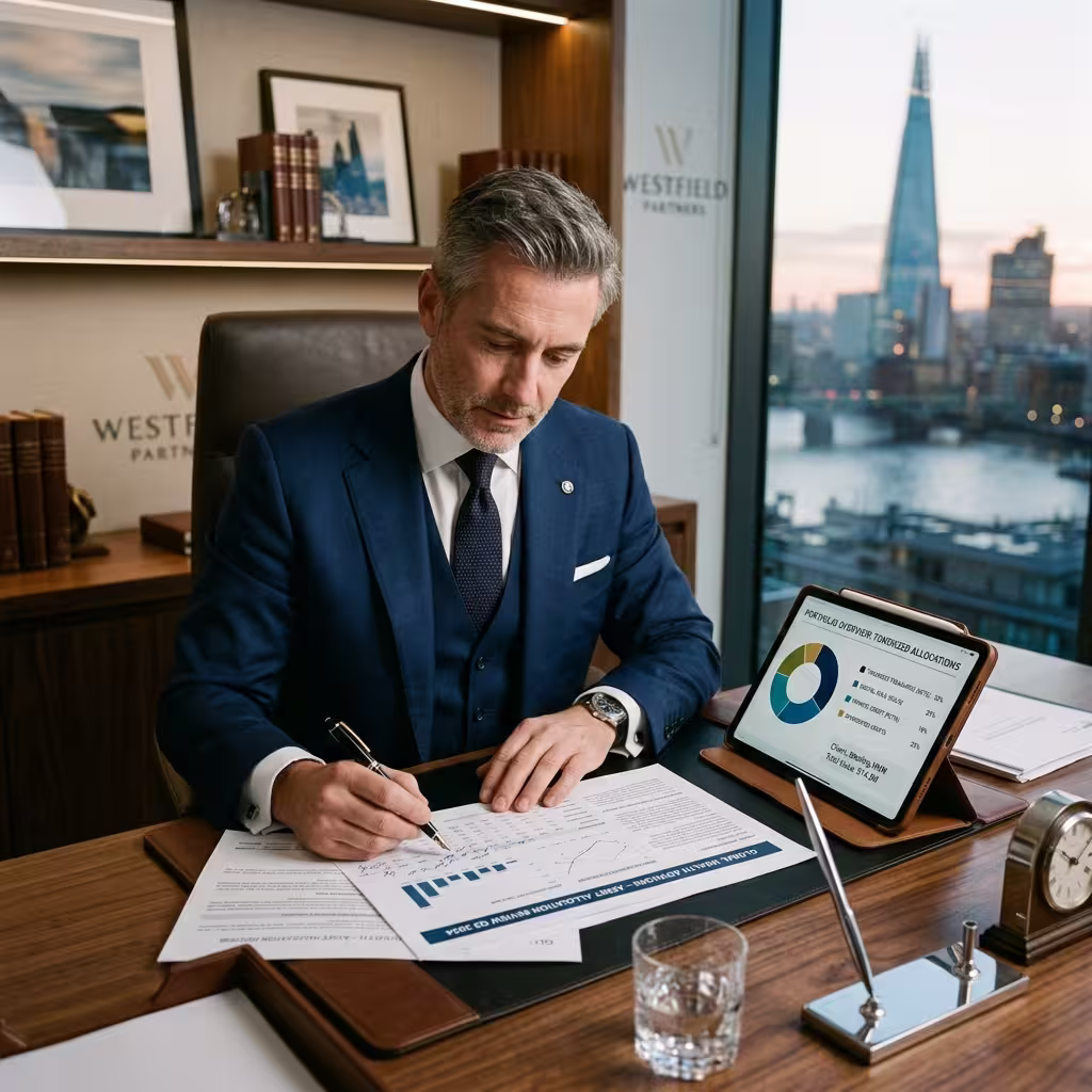 Financial analyst reviewing tokenized asset reports and a tablet showing digital portfolio allocations.