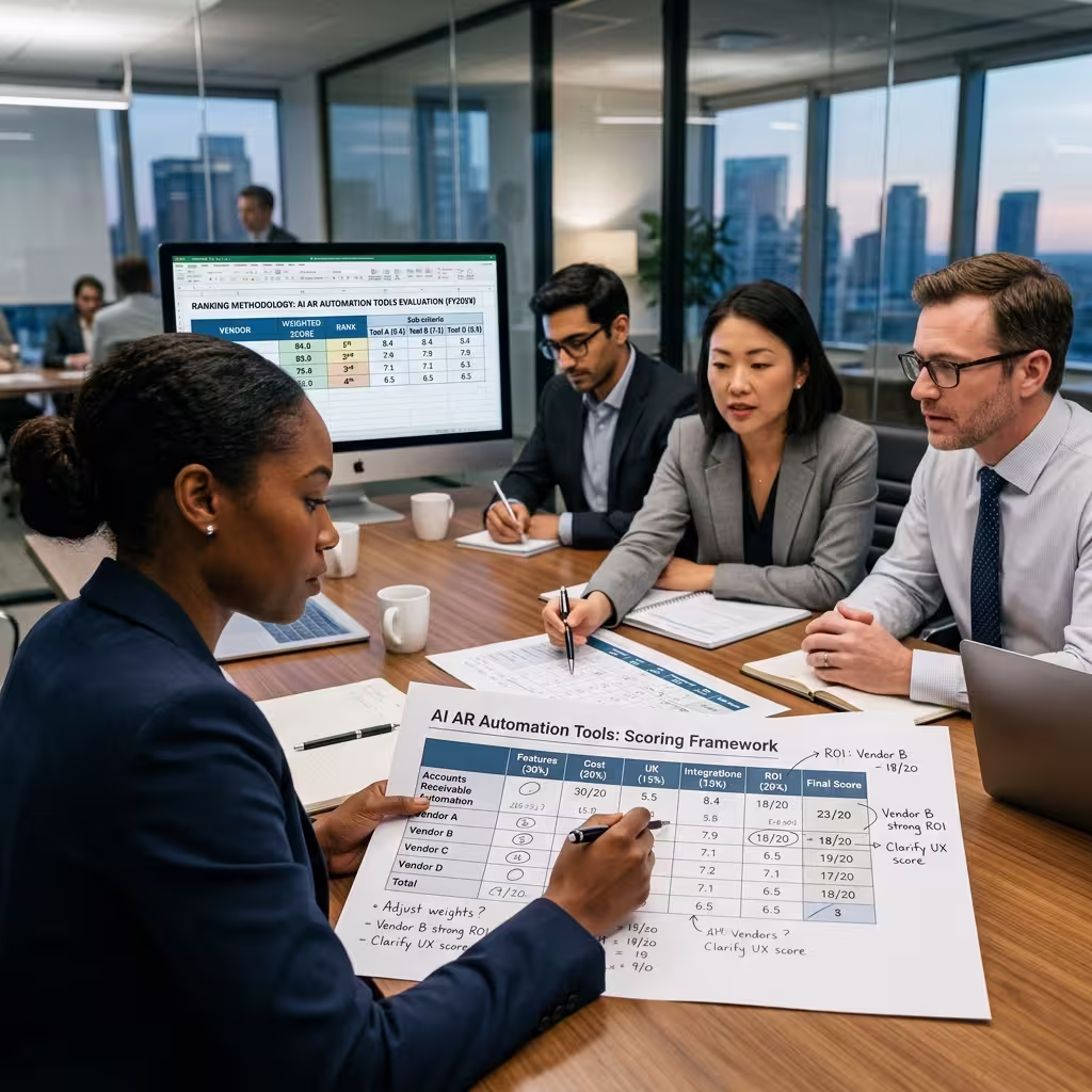Finance team reviewing weighted scoring sheets and evaluation criteria for AI Accounts Receivable Automation platforms