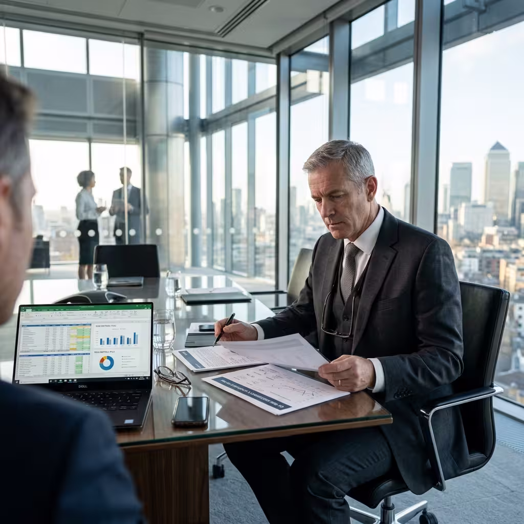 Senior risk manager in a boardroom reviewing compliance documents beside a laptop with market risk data.