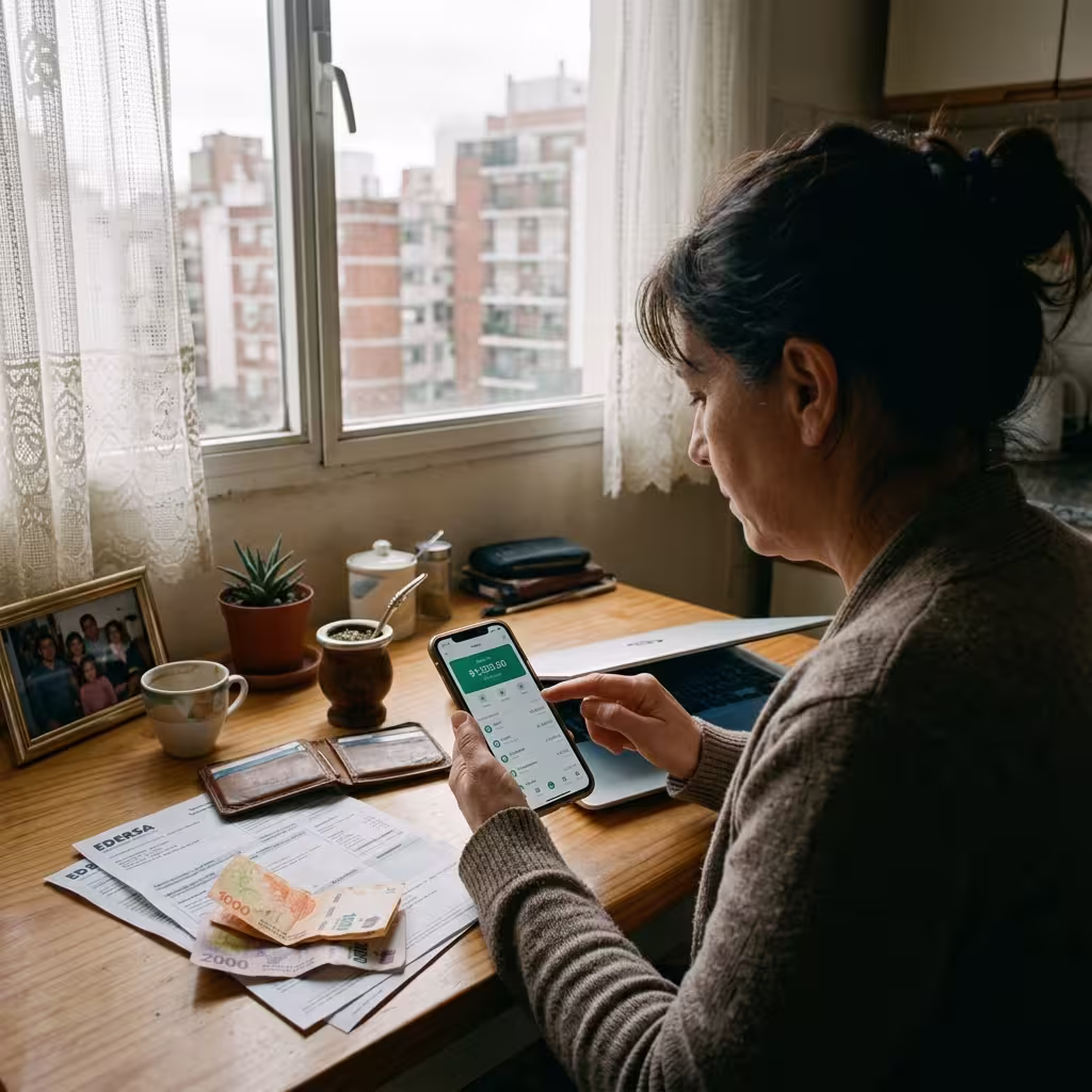 Person at home comparing bills, cash, and a stablecoin wallet on a phone in an inflation-affected setting.