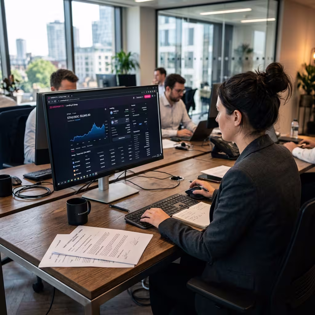 Fintech professional studying DeFi lending and smart contract documents beside a desktop dashboard.