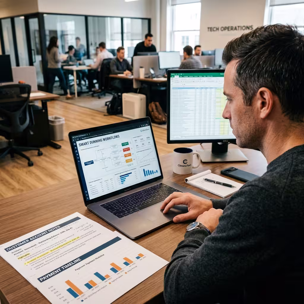 Revenue operations manager reviewing customer follow-up workflows and payment timelines on a laptop