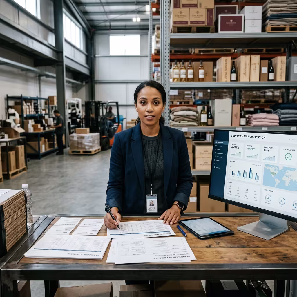 Operations manager in a warehouse reviewing traceability documents and a verification screen.