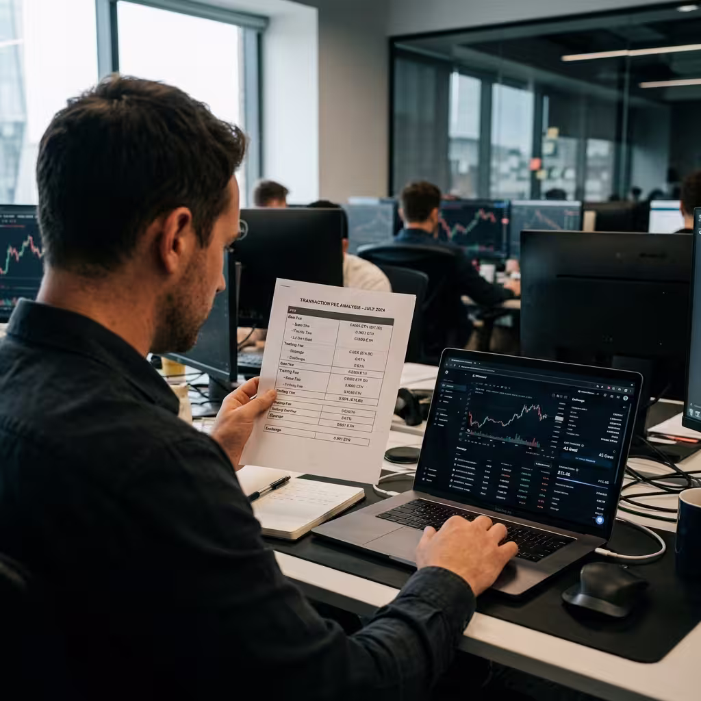 Trader comparing a printed fee breakdown sheet with on-screen transaction fees and gas estimates