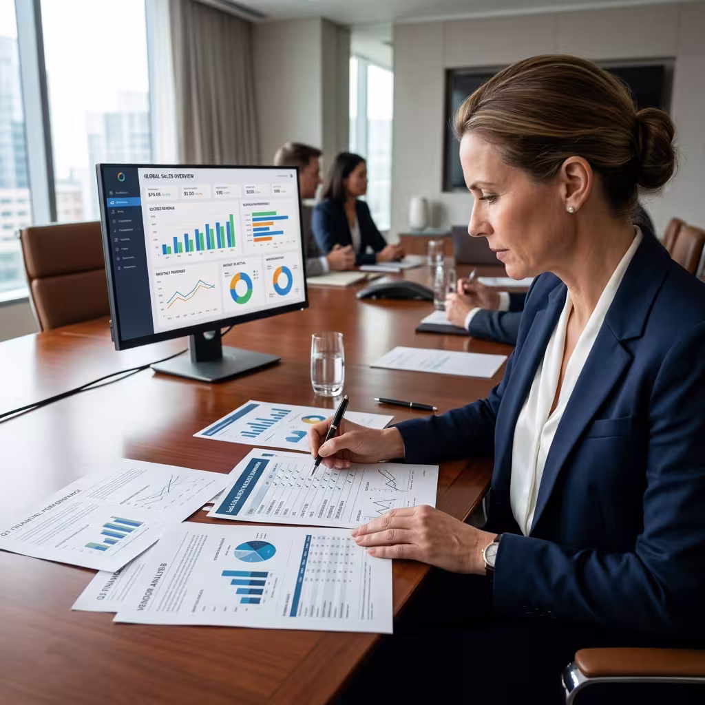 Finance leader comparing software evaluation notes and financial reports at a conference table