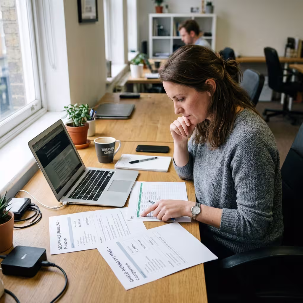 A female analyst evaluating different cheapest AI identity theft protection apps.