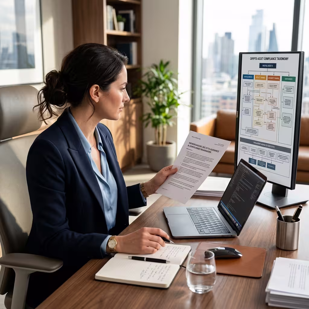 A legal-financial analyst reviews a printed crypto regulation memo while an upright monitor shows a compliance taxonomy chart.