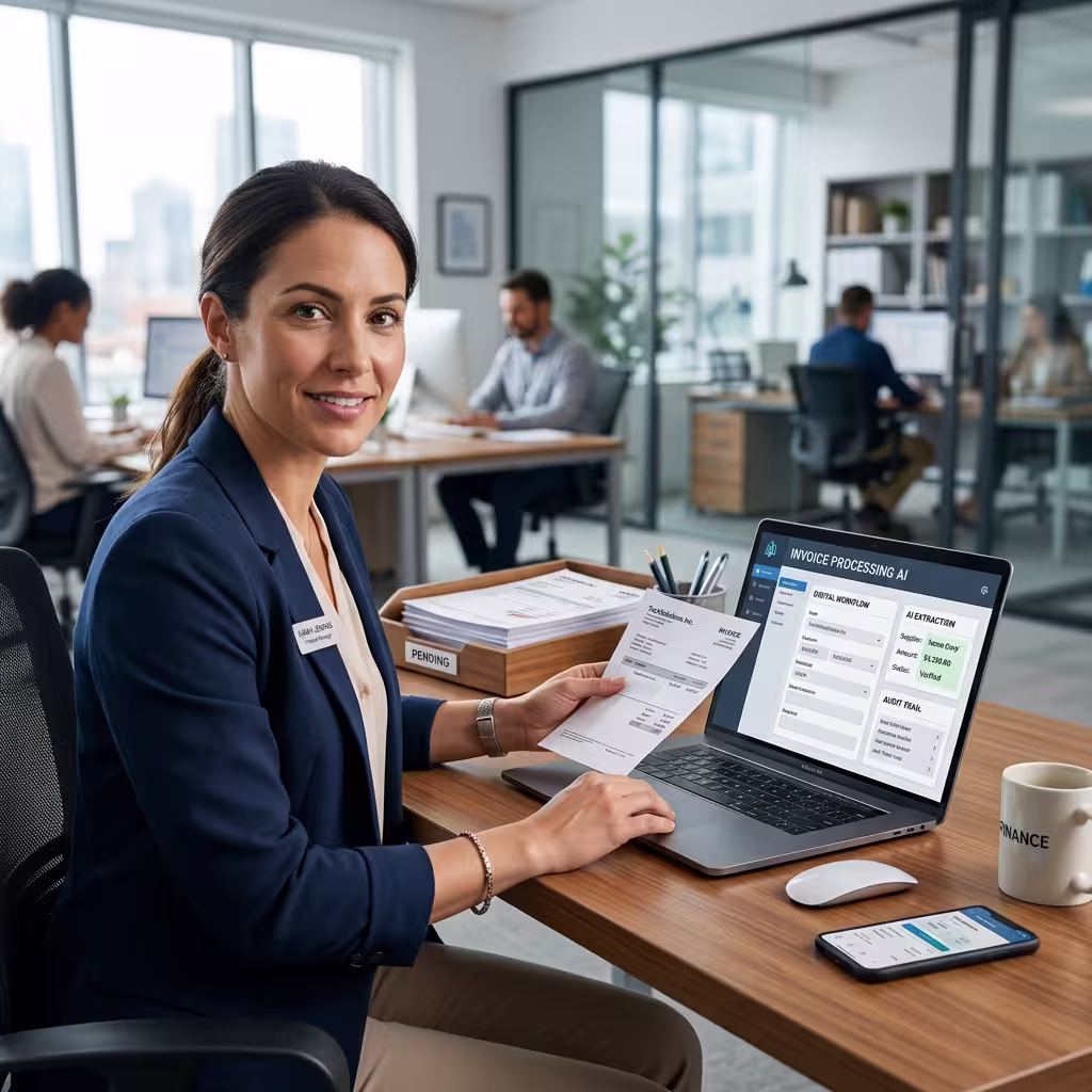 A female is working on AI OCR Data Extraction tool for successful invoice generation
