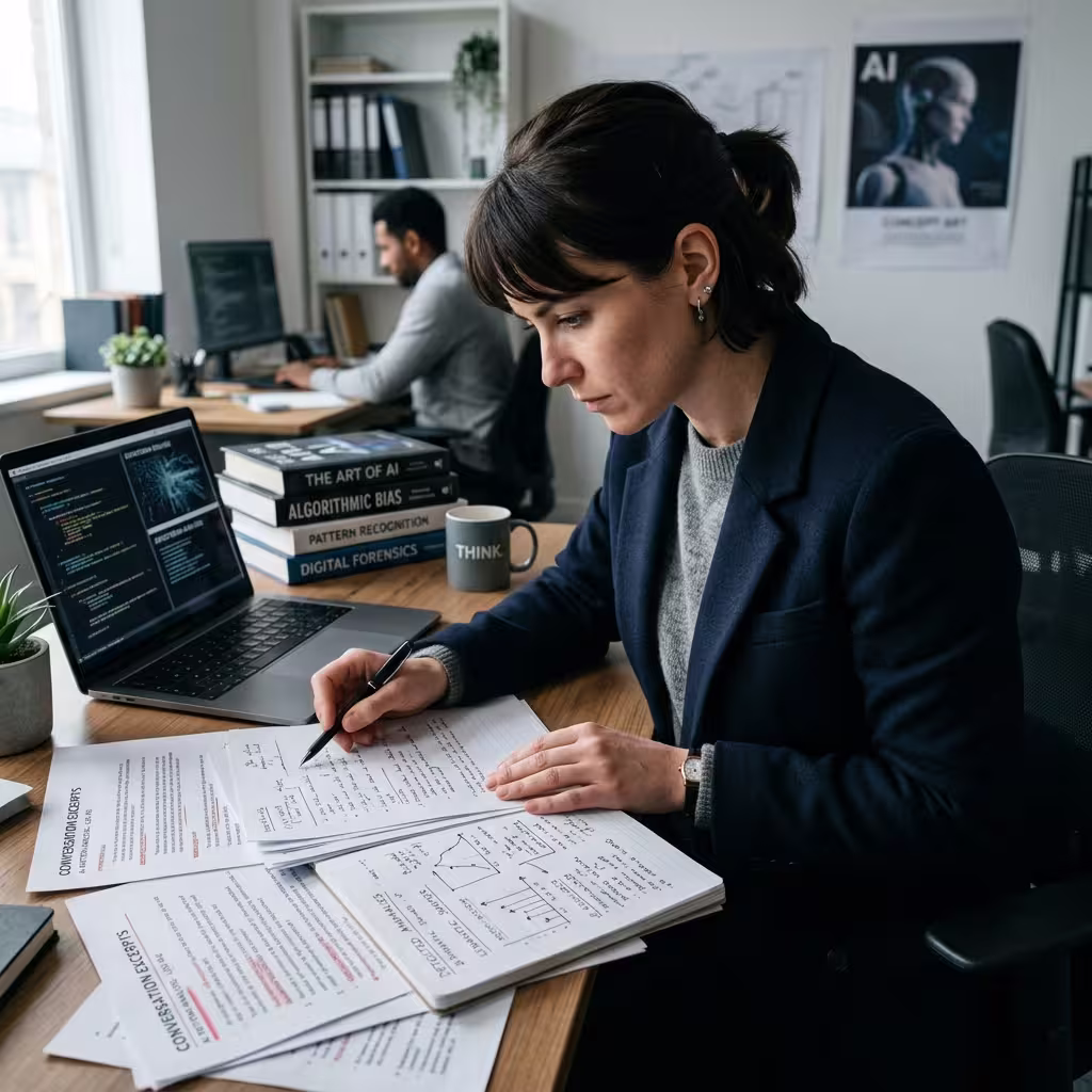 A female researcher doing intense research on why AI Scam detection tools fail on romance scripts.