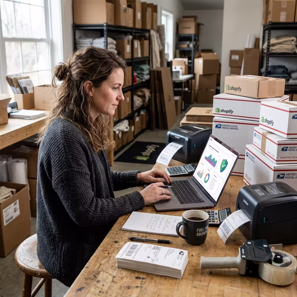 A happy female e-commerce business owner working through shopify dashboard viewing orders.