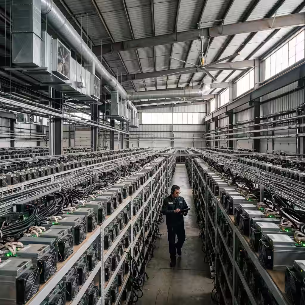 A mining facility operator inspecting bitcoin miner working perfectly.