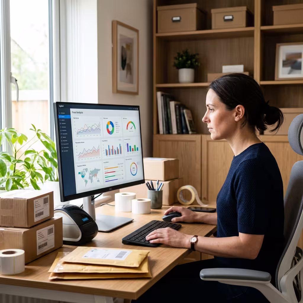 Confident small business owner reviewing Shopify orders secured by AI fraud prevention tools on a desktop