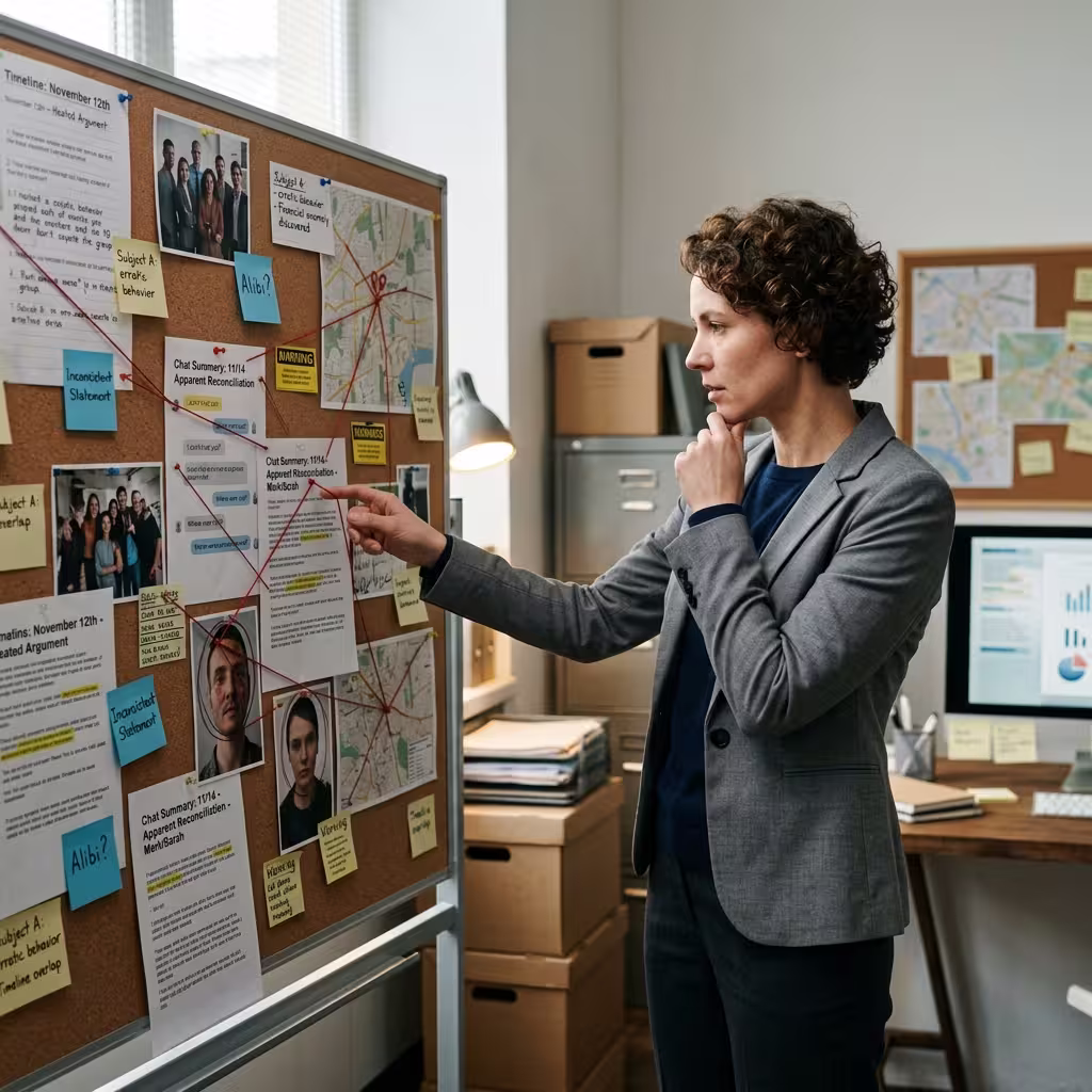 A female fraud analyst conducting a investigation on possible romance scammers.