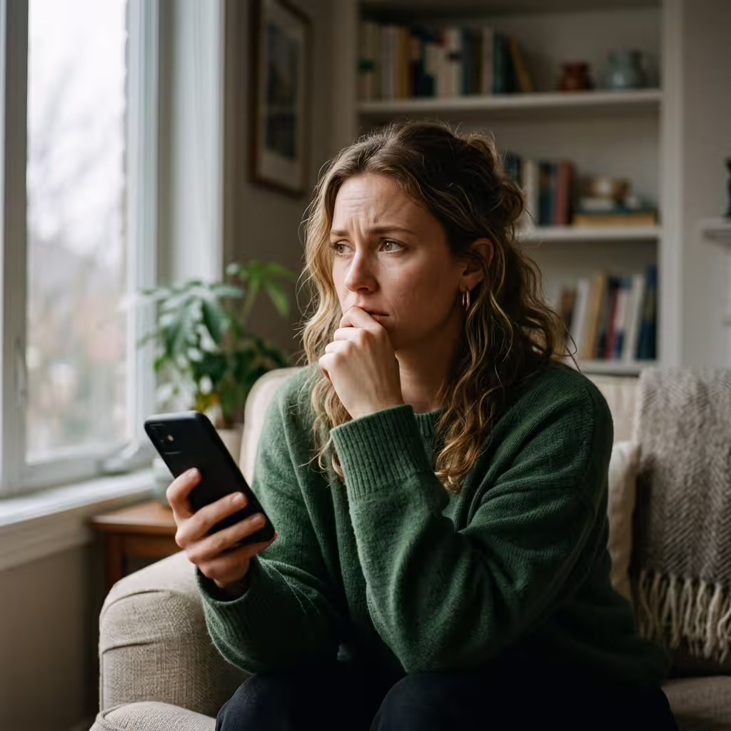 A confused female contemplating about whether can ai spot romance scammer scripts?