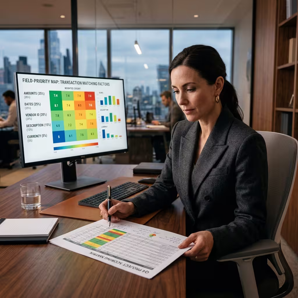 Controller reviewing a field-priority scoring matrix that ranks reference, amount, and date weights.