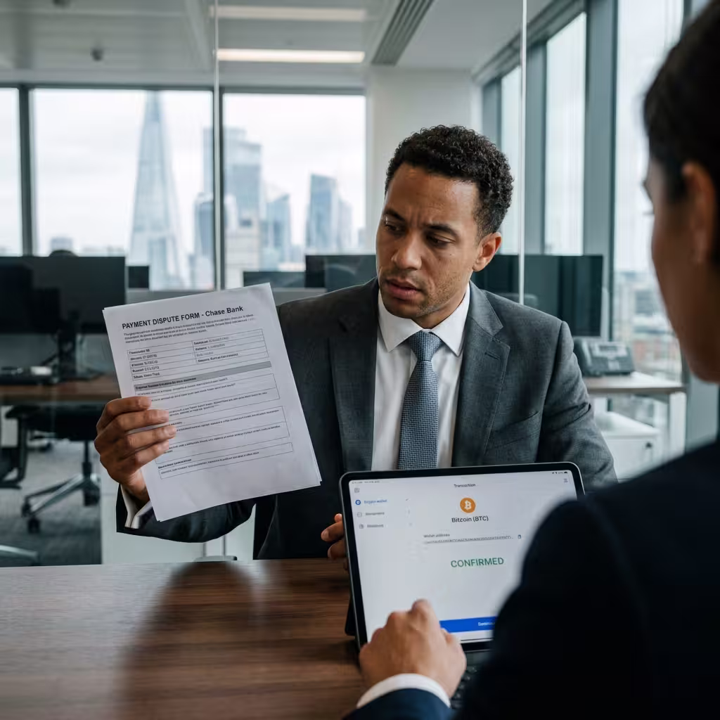 A man seen in the image holding payment dispute form for a traditional bank. Whereas there's no reversal option for crypto-currency