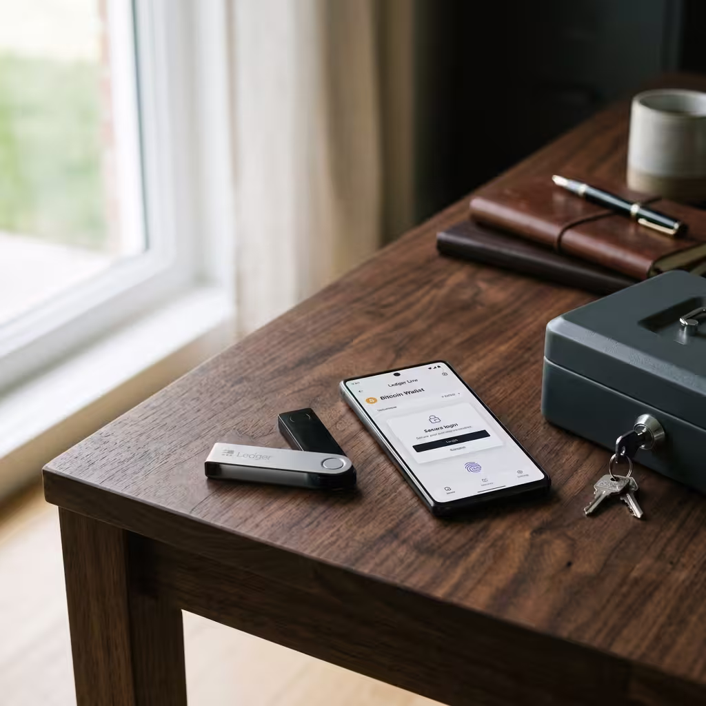 Hardware wallet, smartphone wallet app, and secure storage box representing self-custody and cold storage