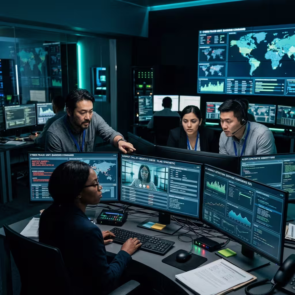 Security team analyzing a suspicious video call and unusual account activity for deepfake fraud.