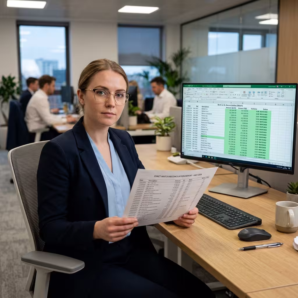 Accountant checking an exact-match report showing green cleared transaction lines on screen.