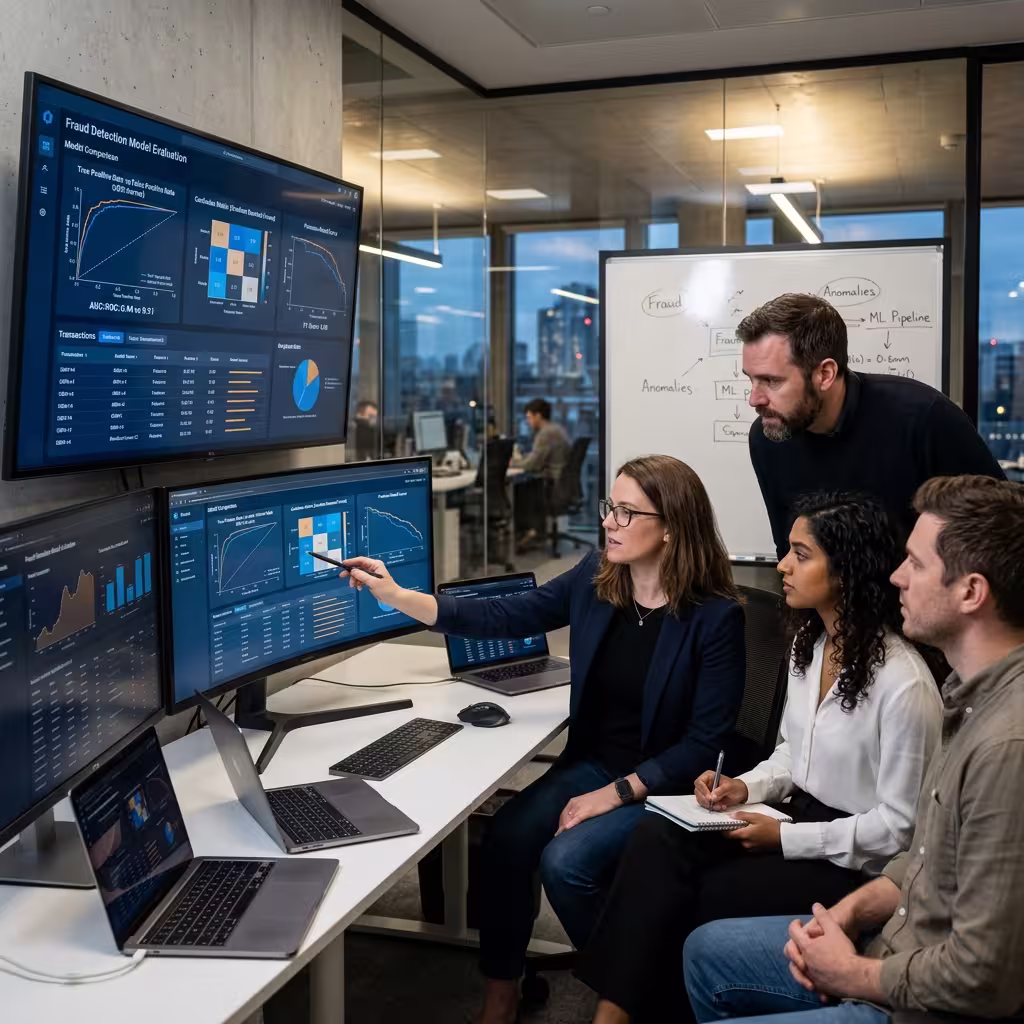 Data scientists comparing machine learning models for banking fraud detection.