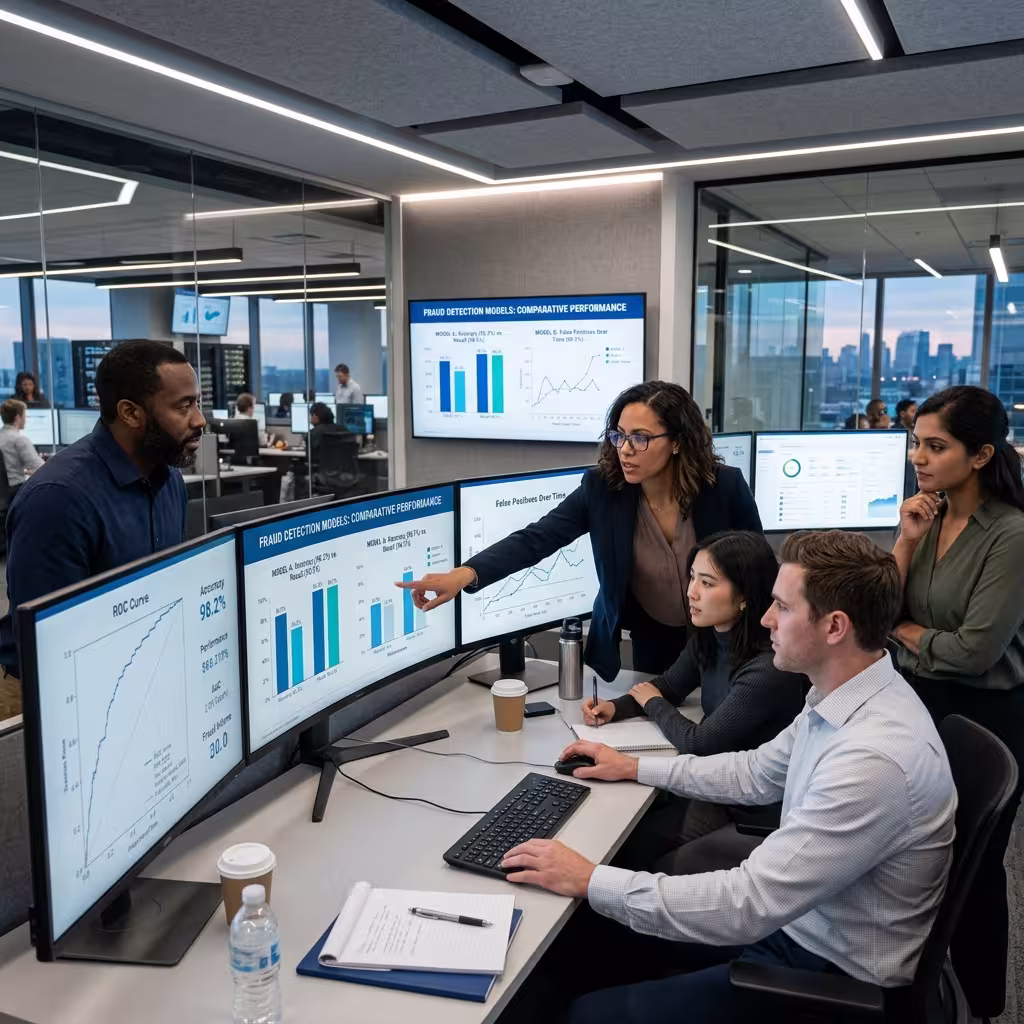 Fraud analysts reviewing real-time behavioral fraud scoring dashboards in a bank office.