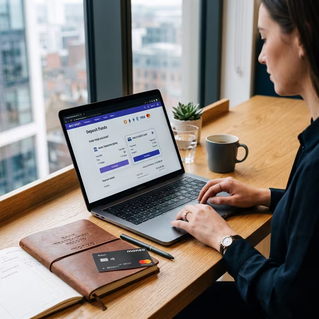 Woman funding a crypto exchange account on a laptop in a modern office using a digital banking interface