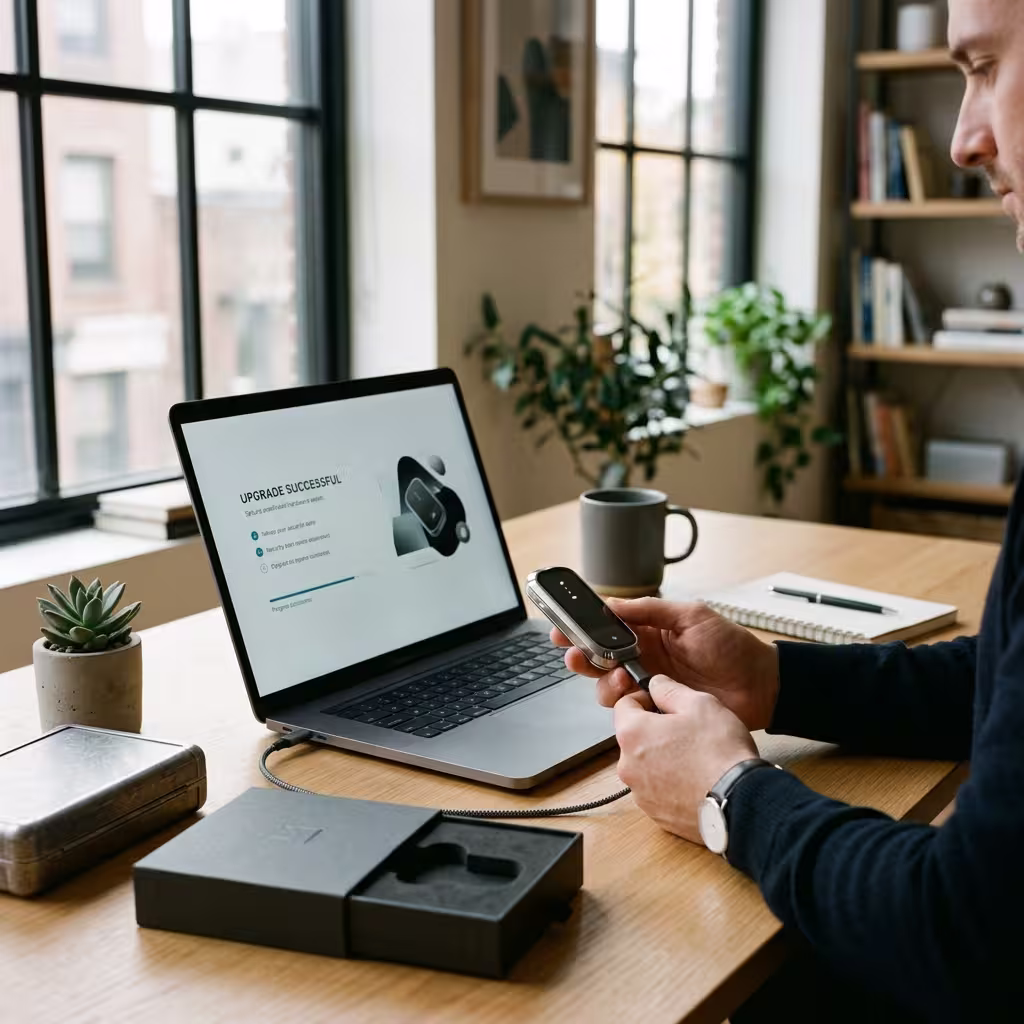 Hardware wallet being connected to a laptop for secure long-term crypto storage setup.