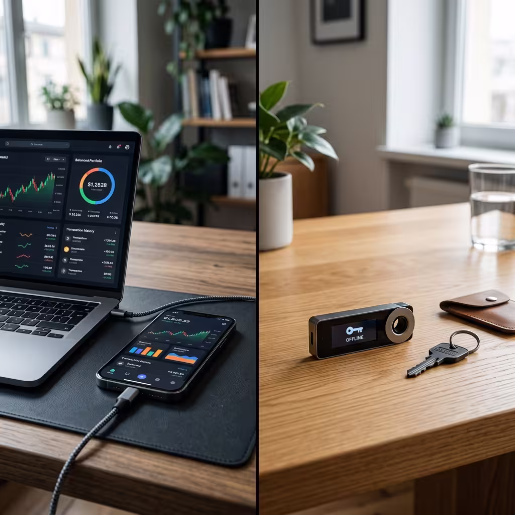 Side-by-side view of an online mobile wallet and an offline hardware wallet showing hot vs cold storage.