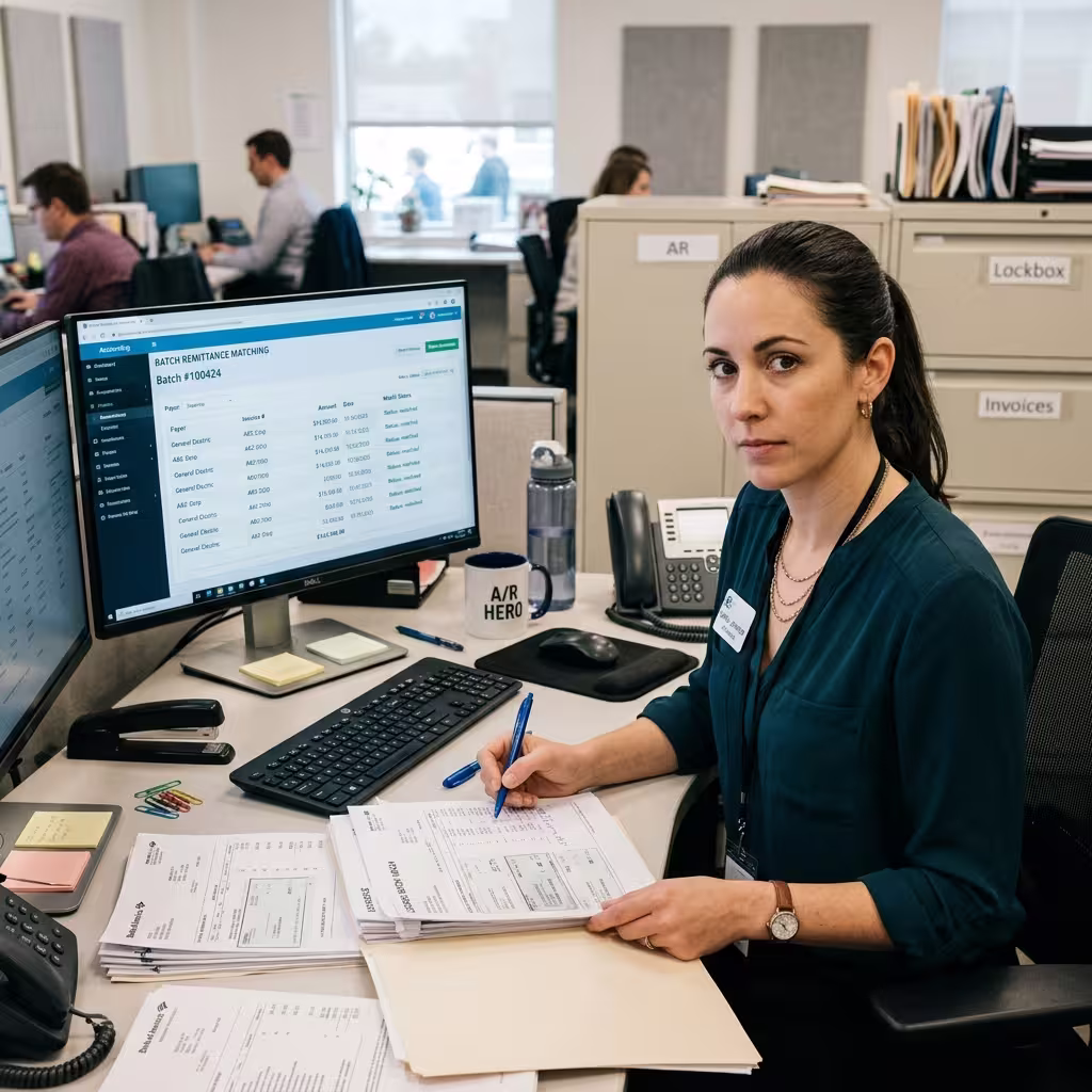 Accounts receivable professional matching lockbox remittance lines to open invoices on screen.