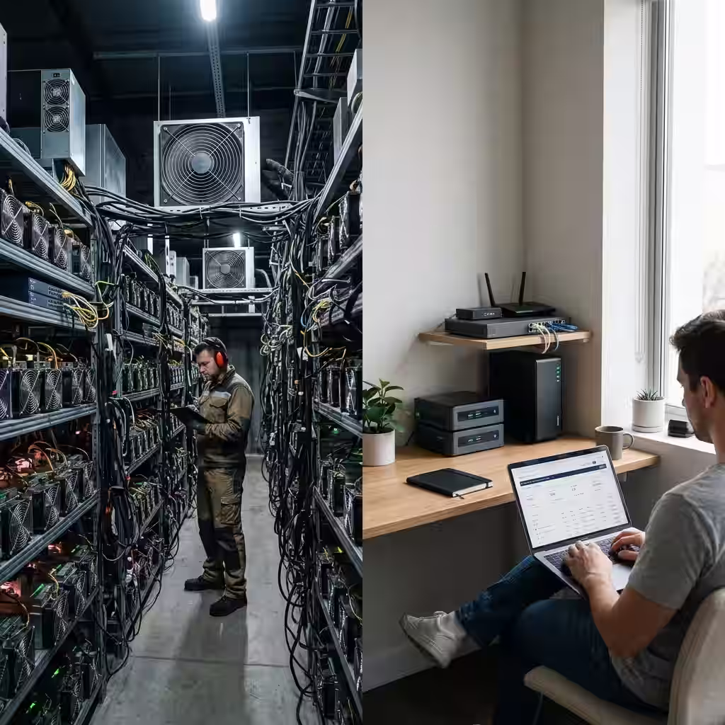 A spilt image of mining facility operator vs a person placing stakes on cryptocurrency can be seen