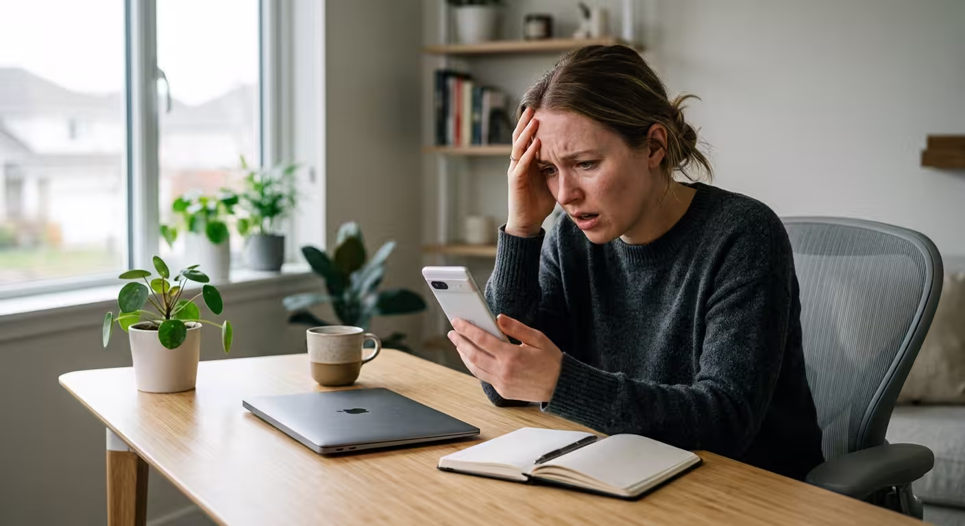 Distressed person staring at a factory-reset phone showing an empty wallet with no backup saved.