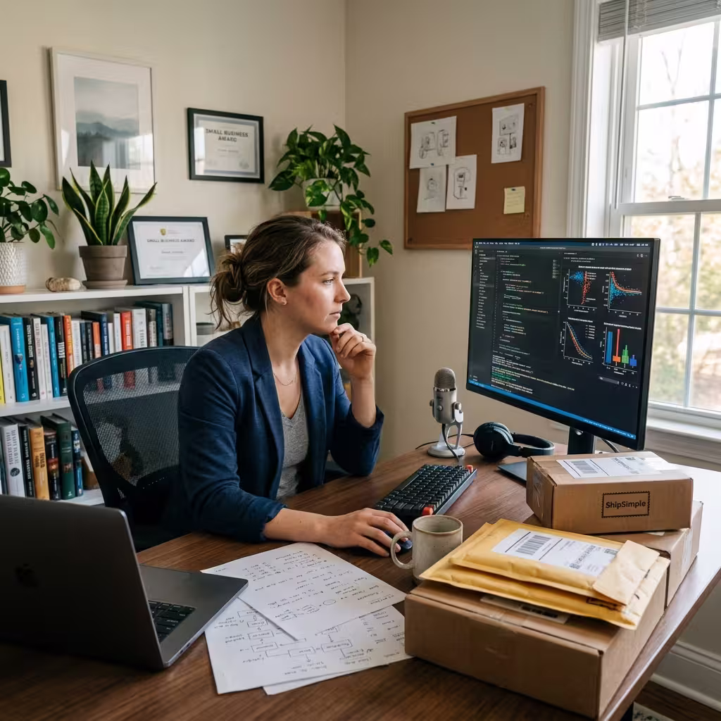 Business owner reviewing open-source code on a monitor to compare it against AI fraud prevention tools for shopify.