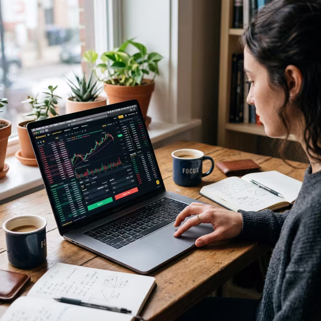 Woman placing her first crypto trade on a laptop, illustrating how to buy cryptocurrency for beginners in a secure home office setup