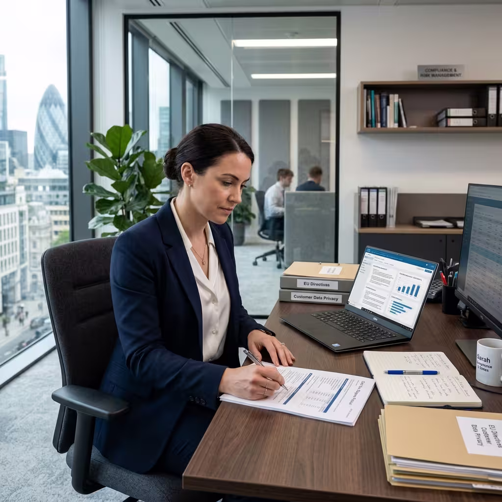 Compliance officer reviewing secure customer data practices on a laptop.