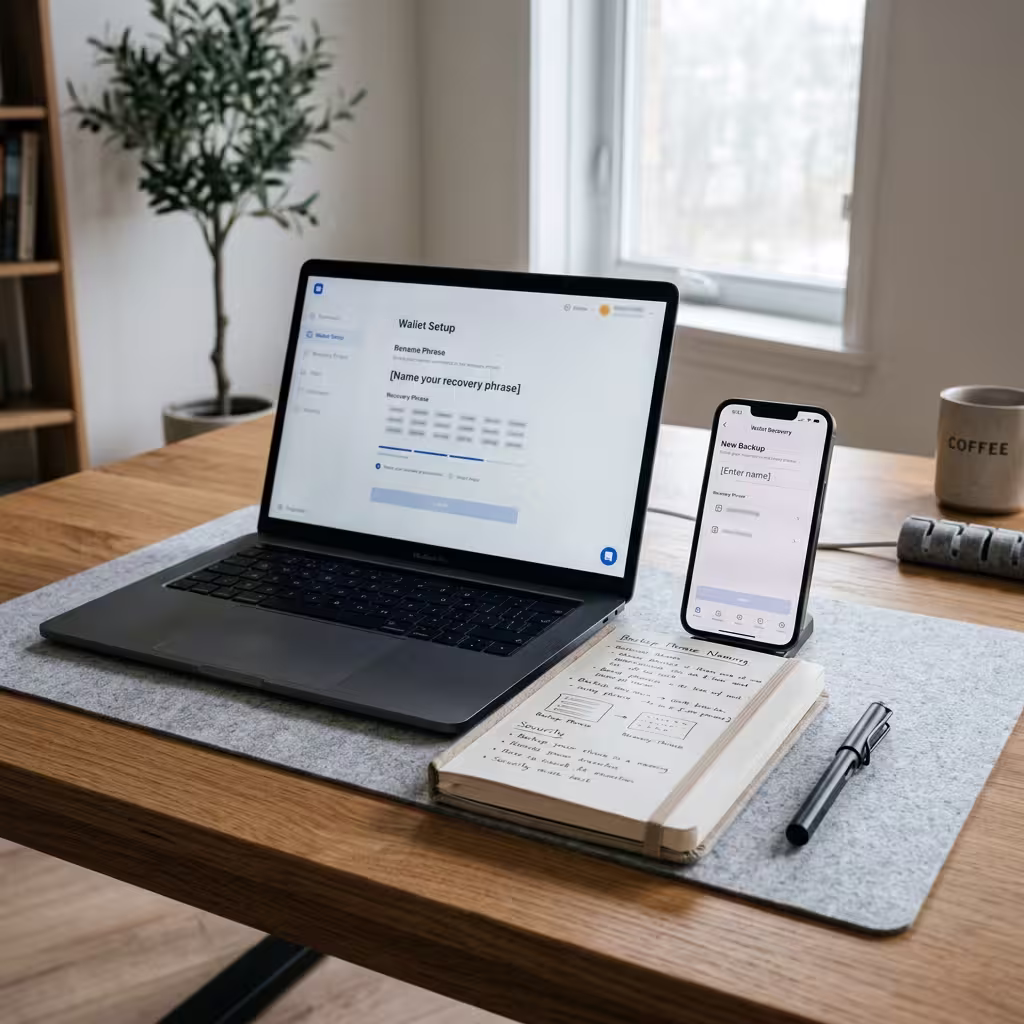 Smartphone and laptop showing crypto wallet setup concepts beside a notepad in a clean workspace