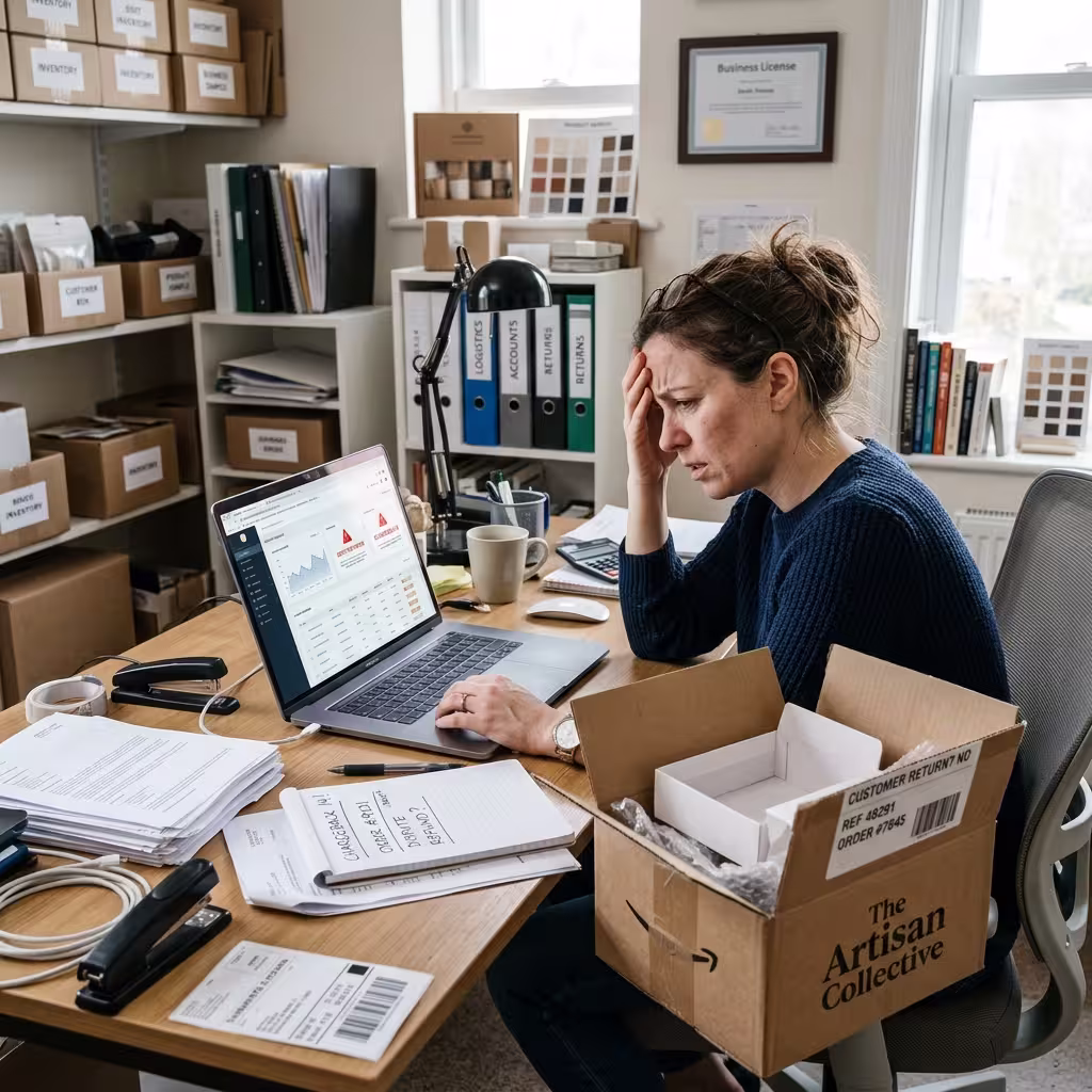 Stressed ecommerce owner reviewing disputed chargeback orders on a laptop despite AI fraud prevention tools for shopify.