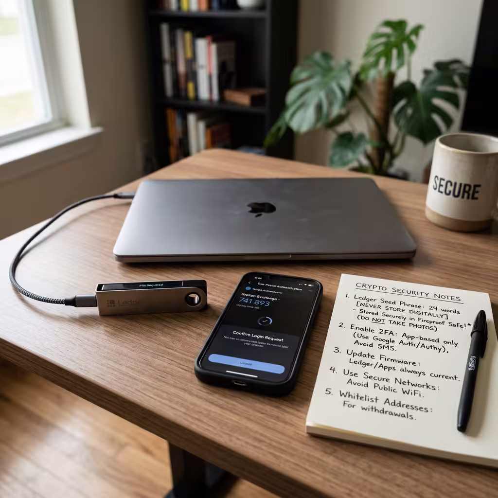 Hardware wallet, smartphone, and handwritten crypto security notes on a modern home office desk