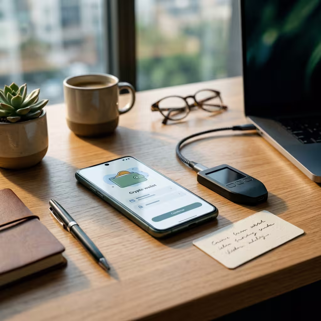 A hot wallet and cold wallet seen in an office setting. Wondering what is a seed phrase? This guide explains in a simple and easy way.