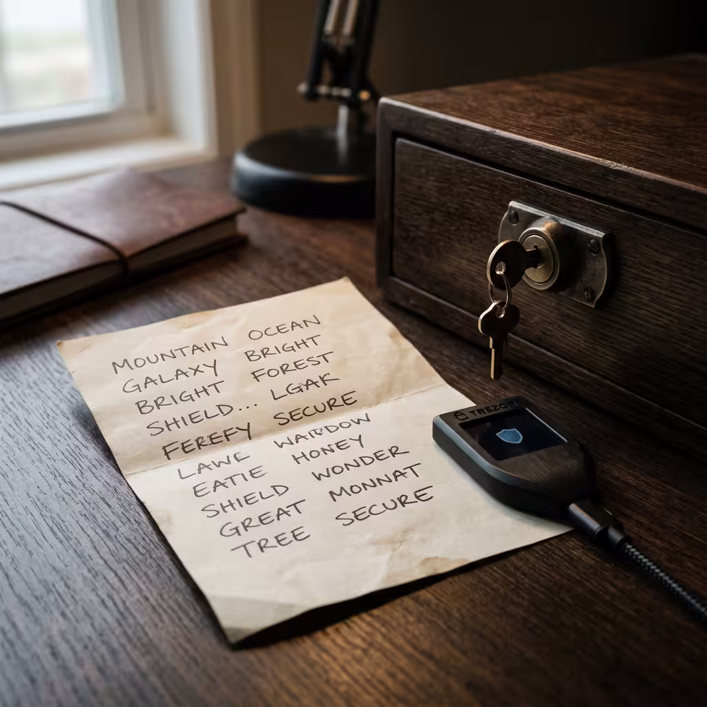 Written recovery phrase stored beside a hardware wallet, illustrating crypto wallets explained for beginners and seed phrase safety.