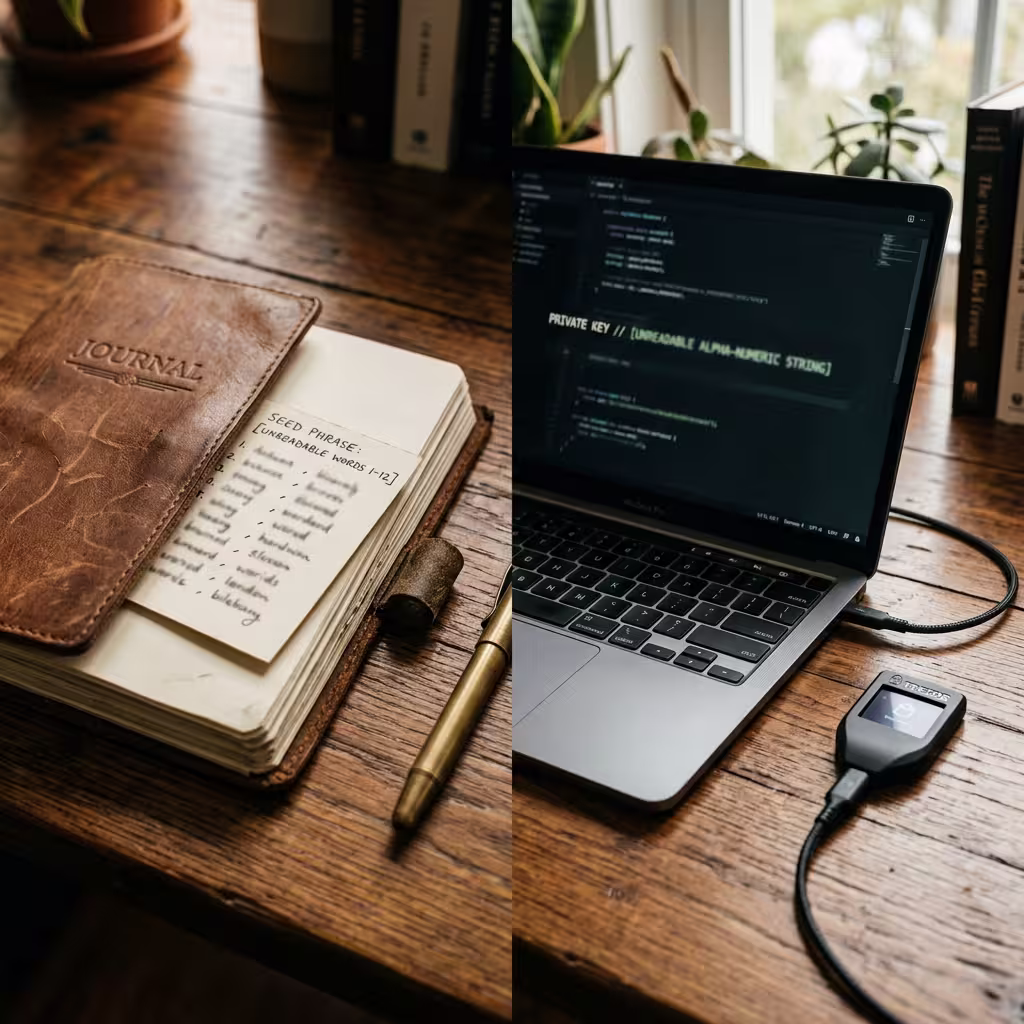 Split-style crypto security scene comparing an offline recovery backup with digital wallet access tools