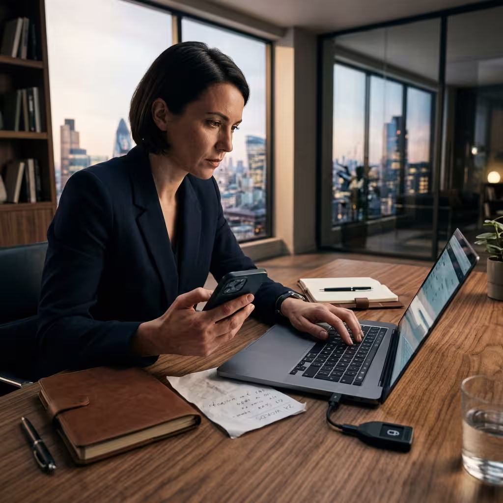 Person urgently moving crypto to safety after seed phrase compromise in a premium office setting