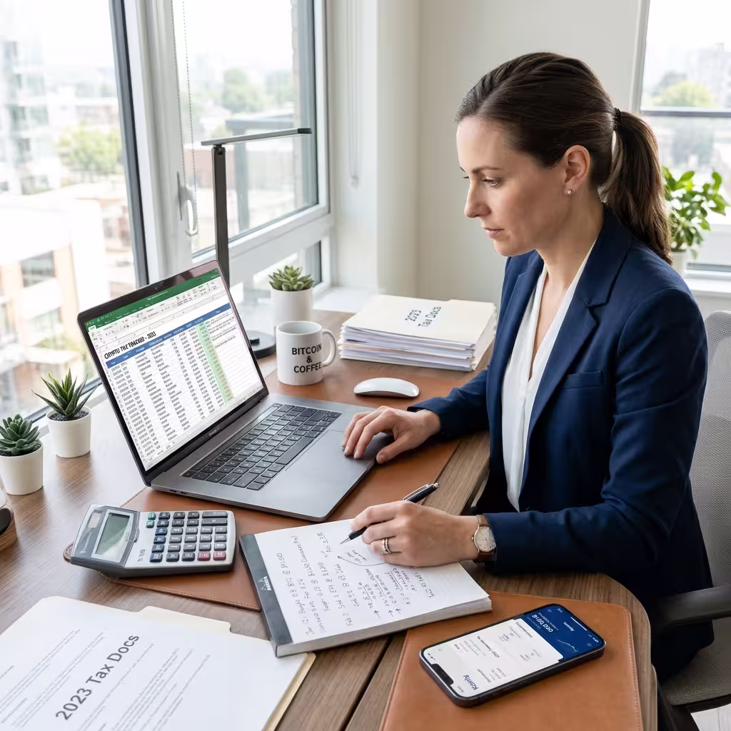 Woman reviewing tax documents at a desk with a laptop, calculator, and smartphone in a bright office