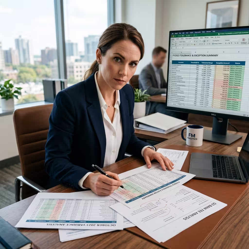 Finance manager analyzing variance threshold sheets and bank fee tolerances for automated bank reconciliation matching rules.