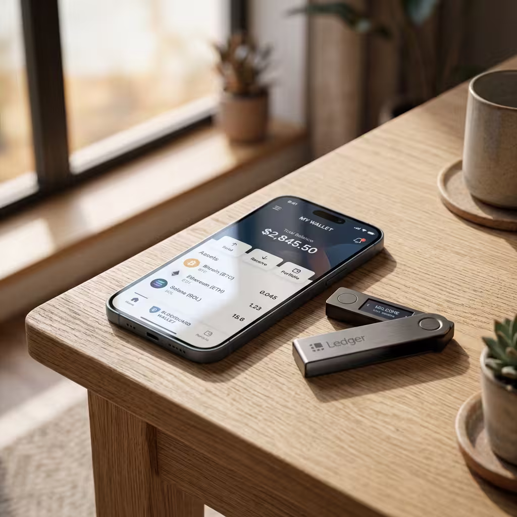 Smartphone with a crypto wallet app next to a hardware wallet on a desk, illustrating crypto wallets explained for beginners.