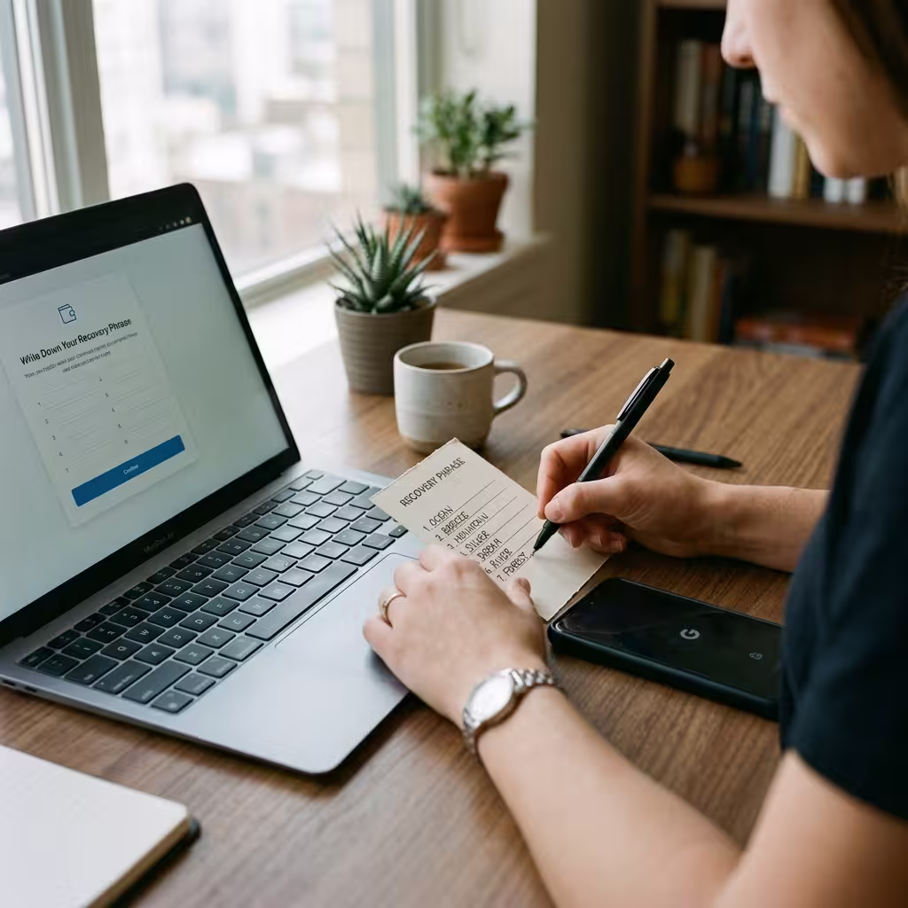 Hands writing down a wallet recovery phrase during first-time crypto wallet setup