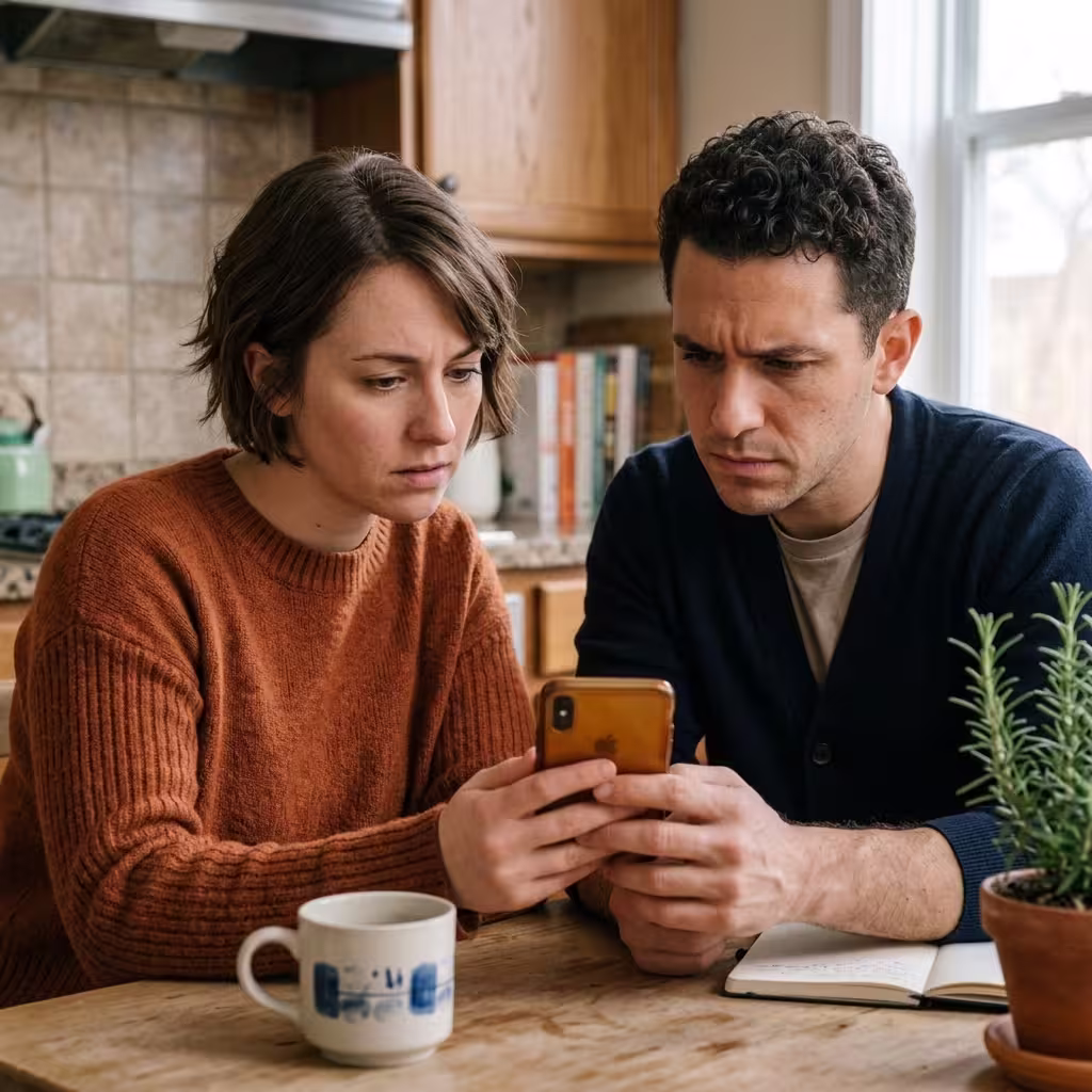A couple can be seen in the confused state as they received anonymous romance scammer text.
