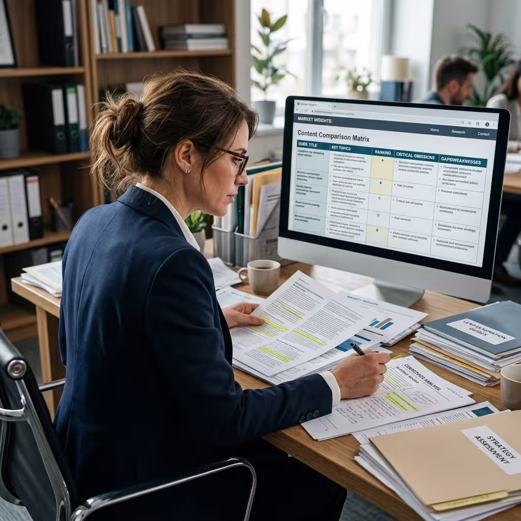 Analyst comparing several printed reconciliation guides against a content gap matrix on a monitor.