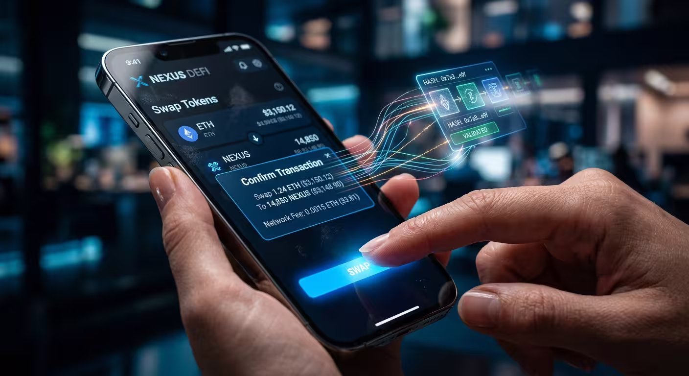 A high-tech photograph of a user interacting with a DeFi mobile app during a secure blockchain token swap, with glowing digital transaction overlays visualizing the smart contract process.